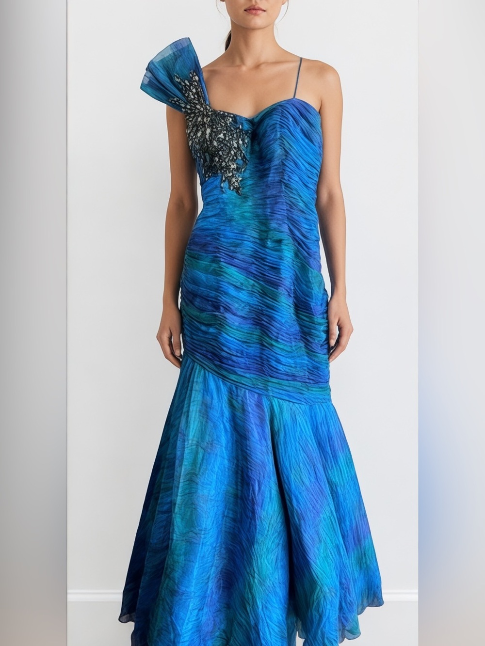 Vintage Blue One-Shoulder Evening Dress with Embellished Detail Sz 4